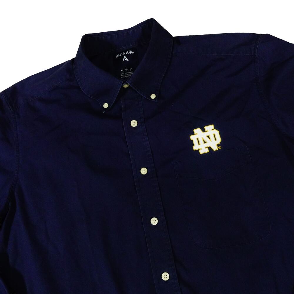 Notre Dame Antigua Fitting Irish Button Up Long Sleeve Navy Shirt Men's Large